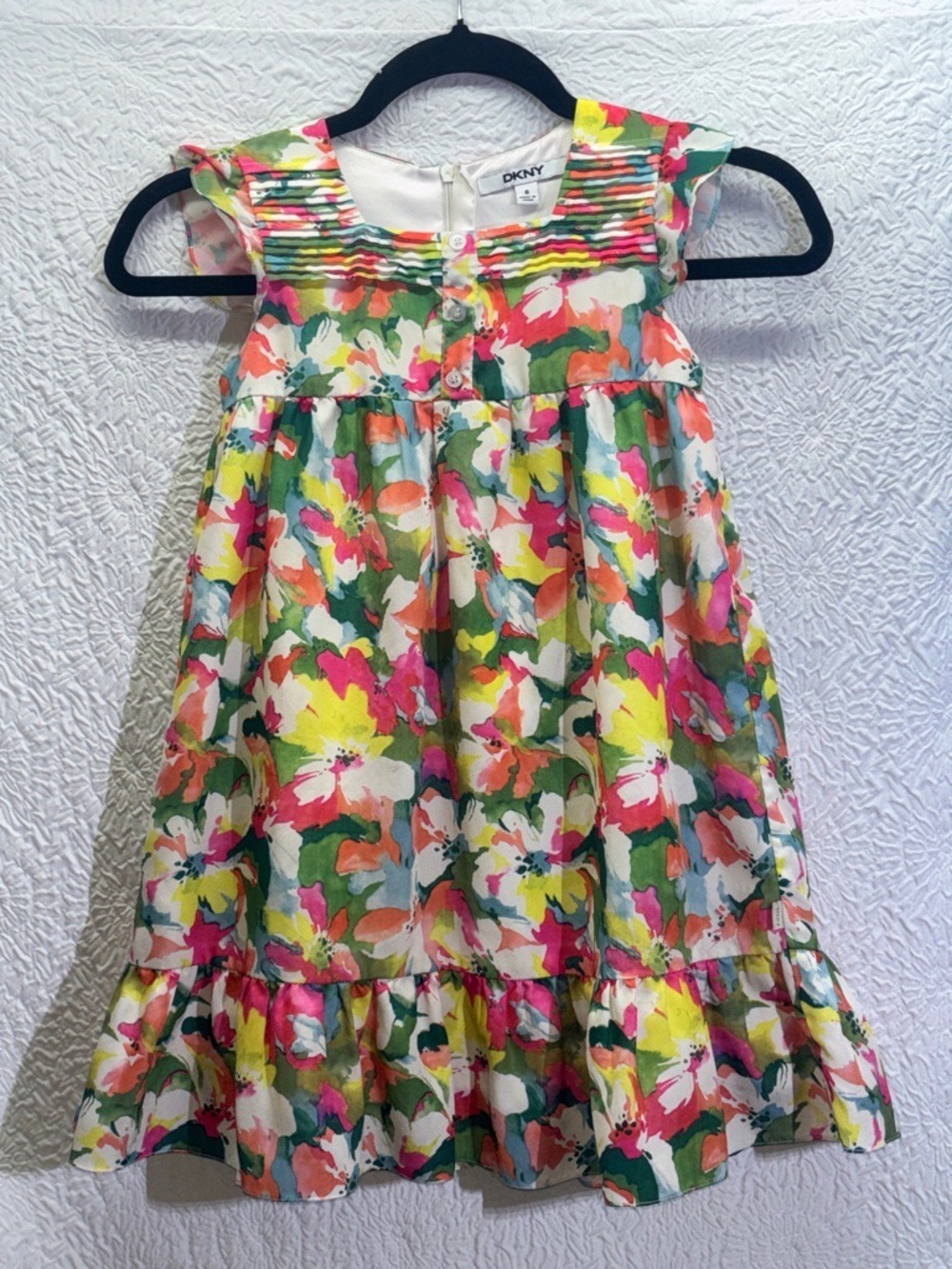 DNKY Girls Floral Print Ruffle Flutter Sleeve Dress